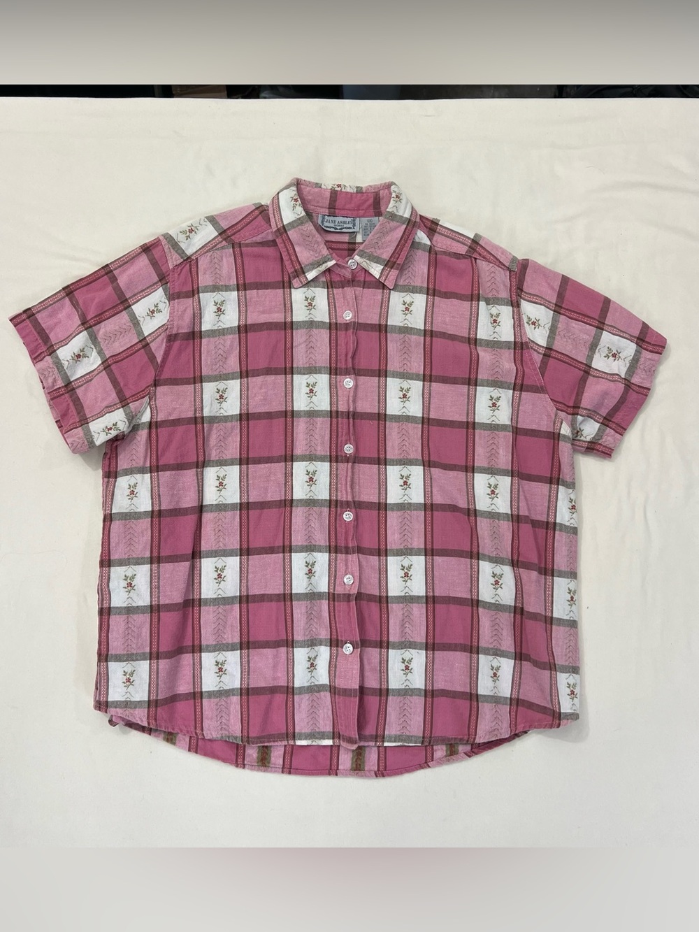 Jane Ashley Pink Plaid Short-Sleeve Button Down Shirt vintage 100% cotton
